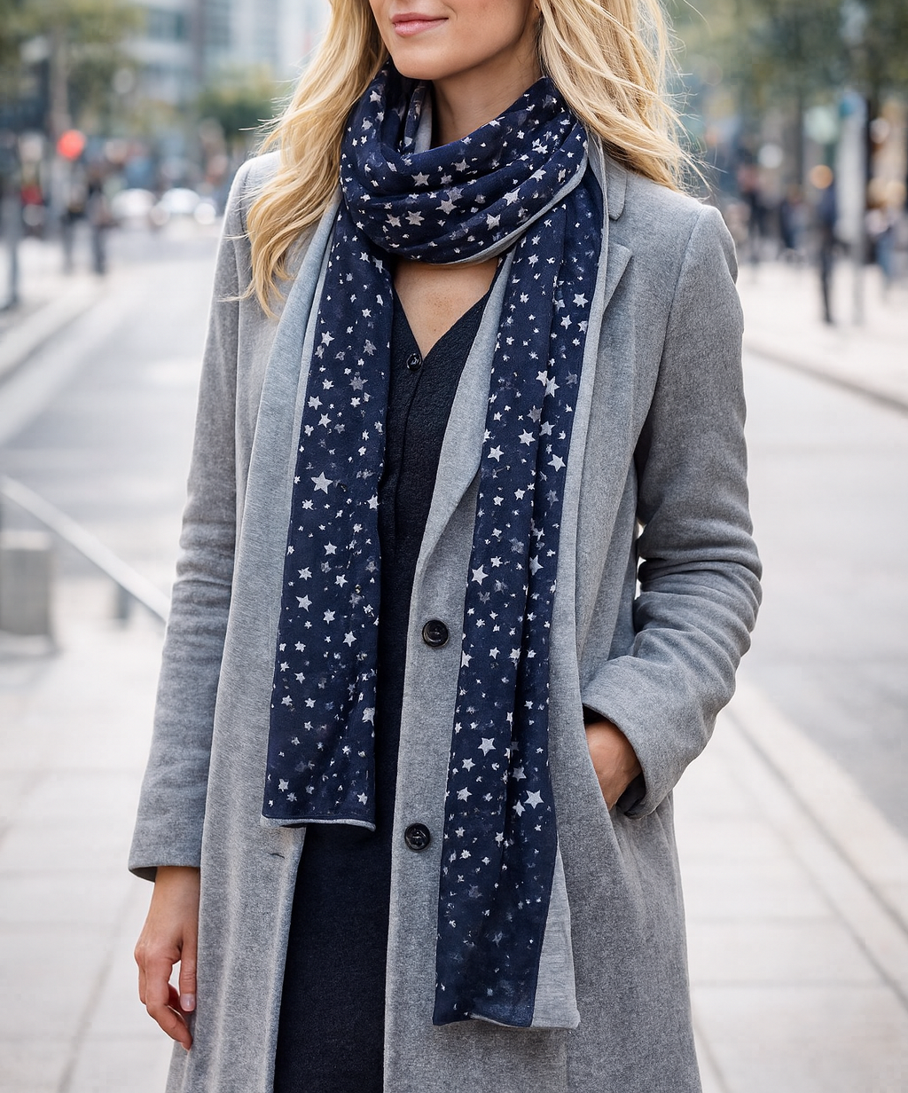 Bufanda Grande Reversible · Estrellas Revés Gris