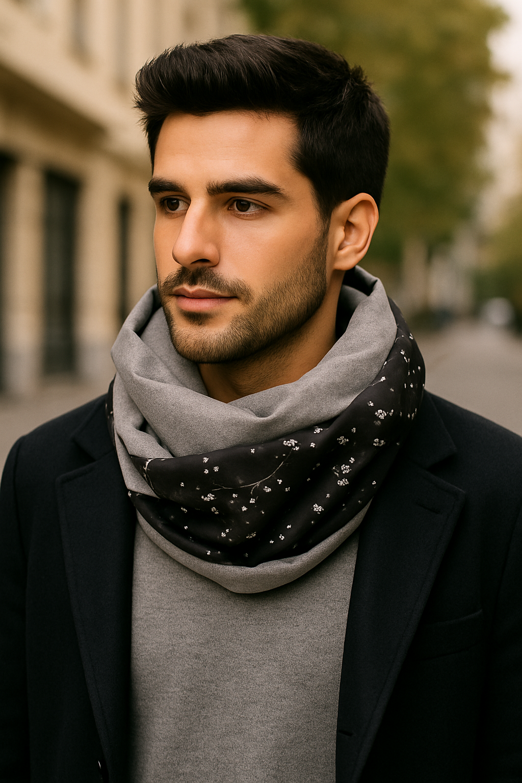 Écharpe infinie pour homme avec cache-cou en tissu double face · Flocons de neige/Gris