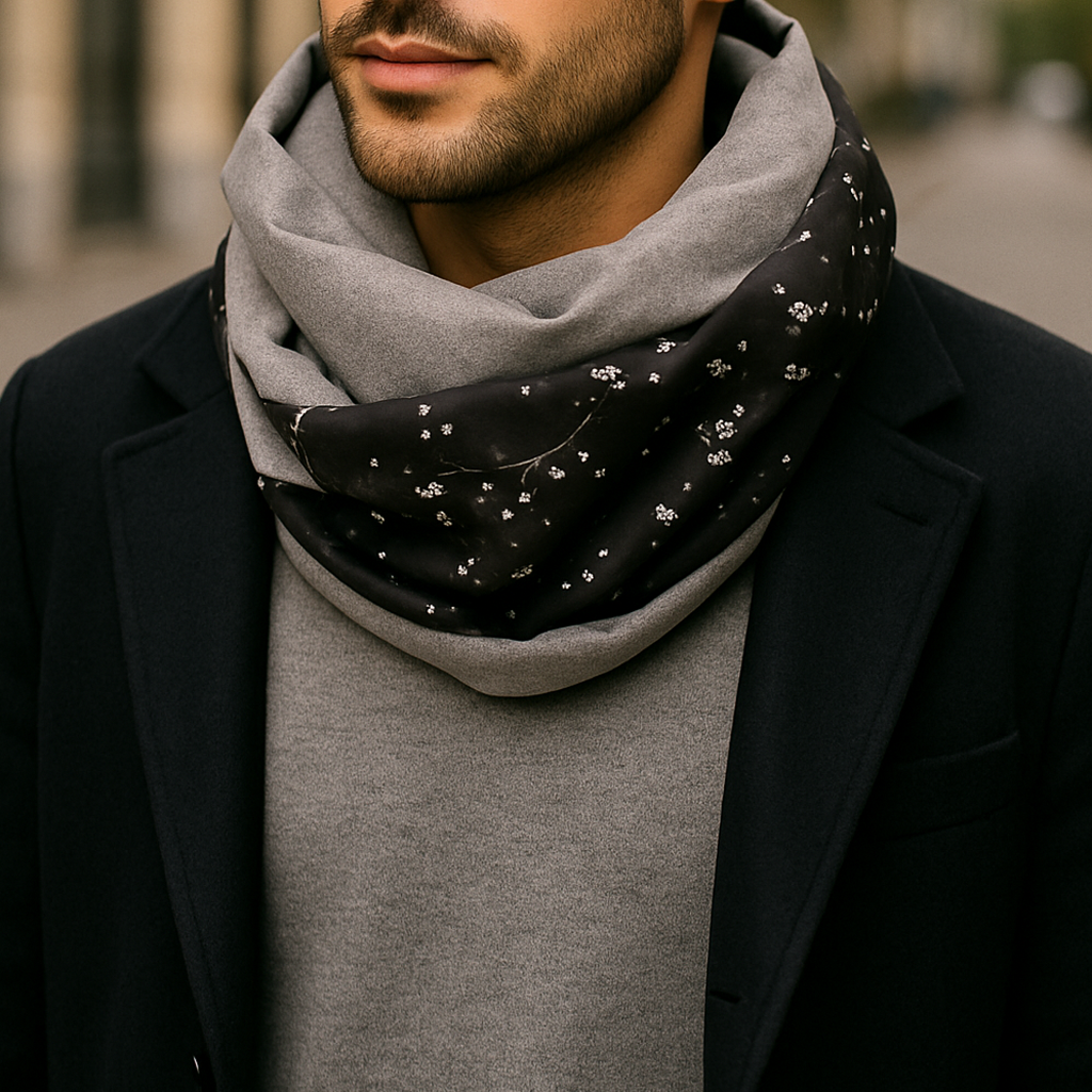 Écharpe infinie pour homme avec cache-cou en tissu double face · Flocons de neige/Gris