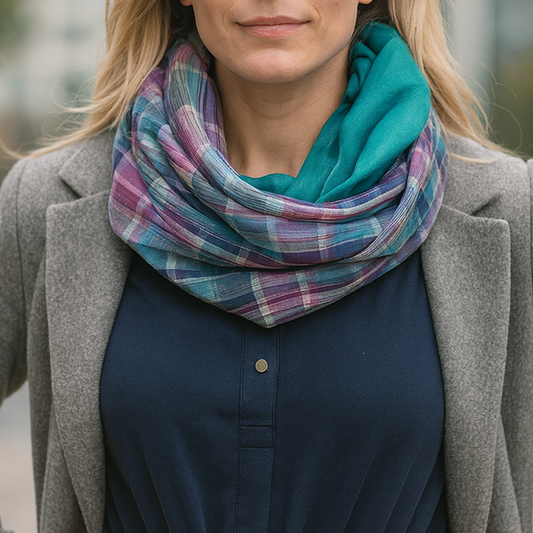 Bufanda Cuello Reversible · Cuadrados Multicolor/Turquesa