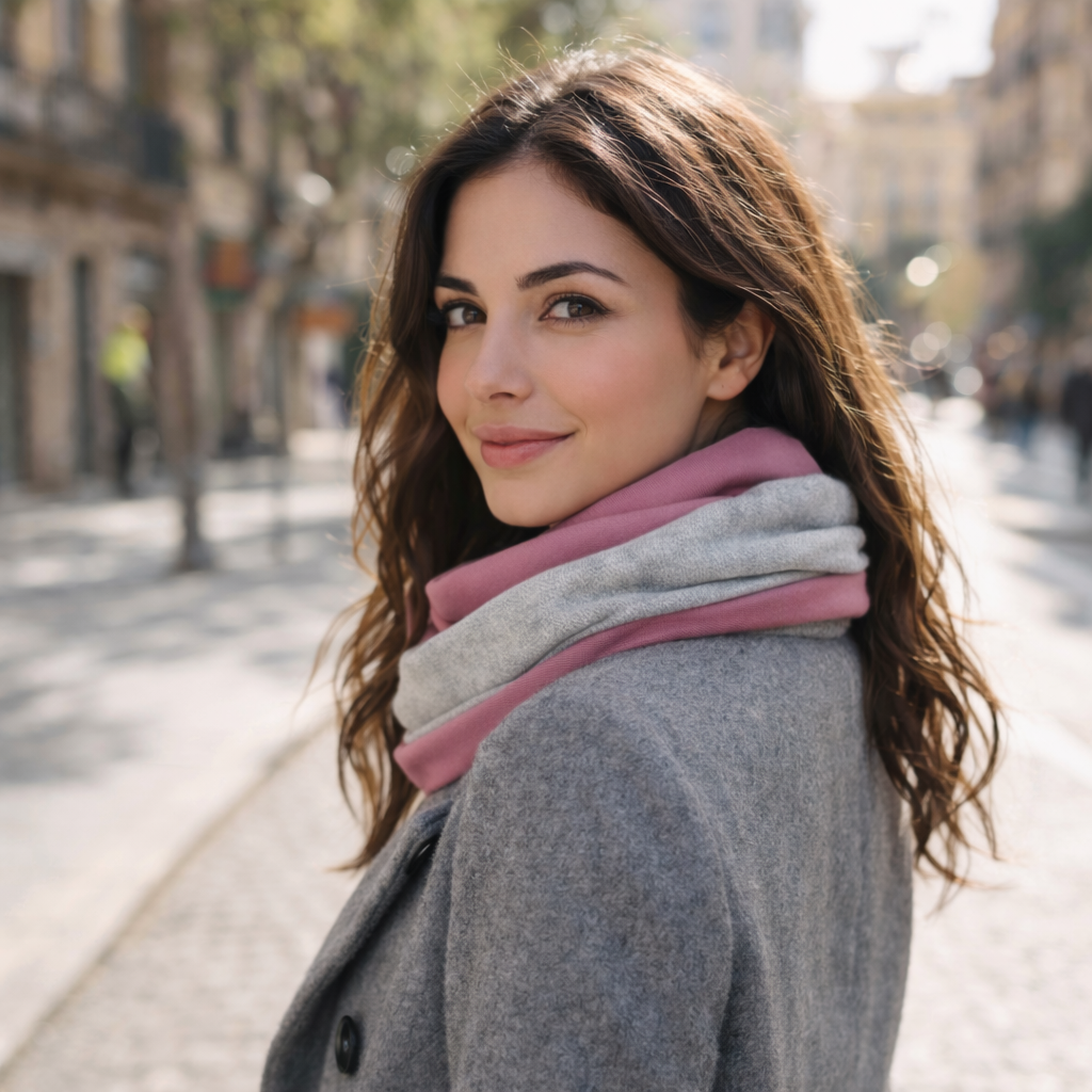 Bufanda Infinita Cuello Mujer Doble Tela Reversible · Gris/Rosa