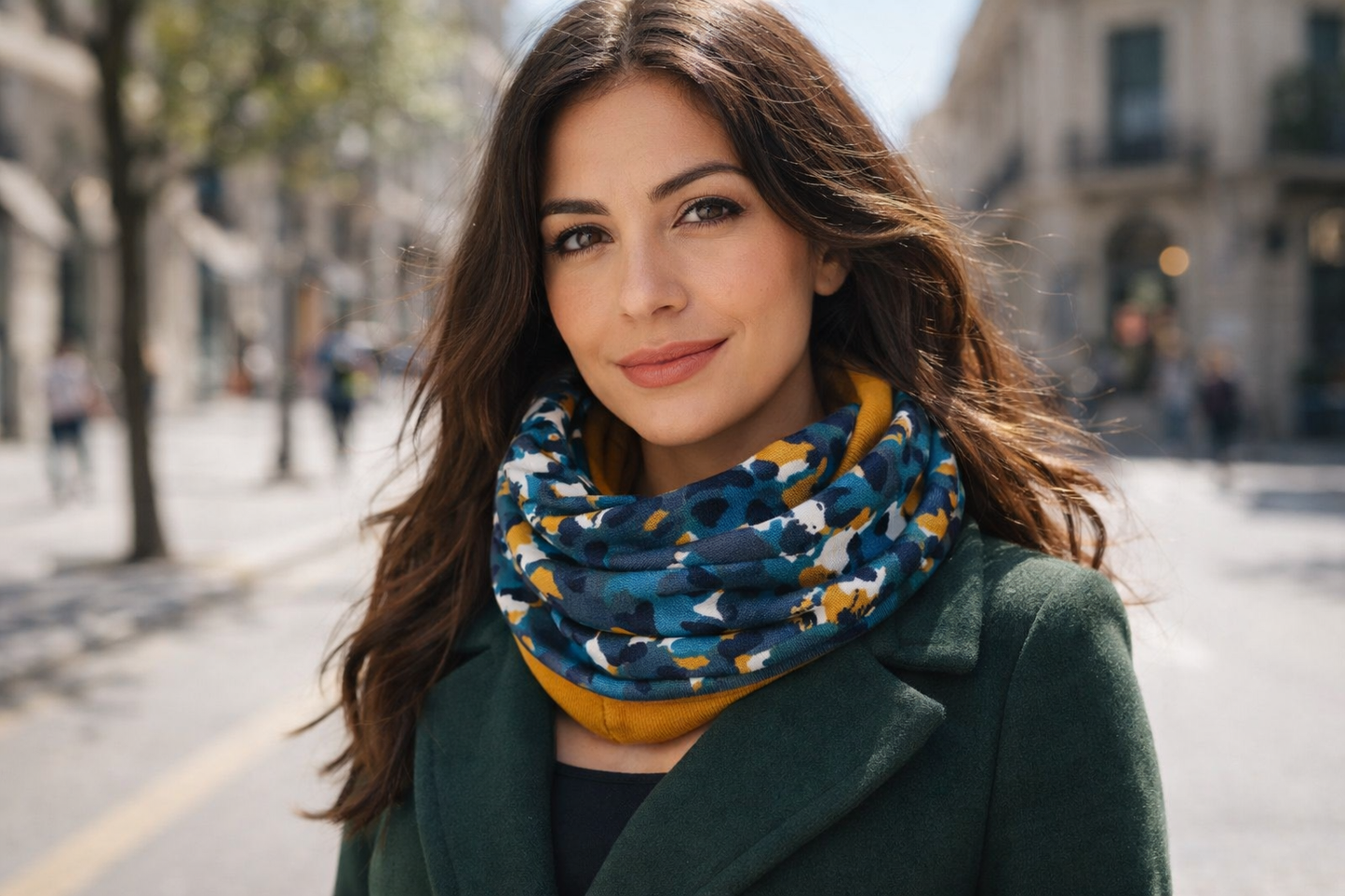 Bufanda Infinita Cuello Mujer Doble Tela Reversible · Camuflaje/Mostaza (últimas unidades!)