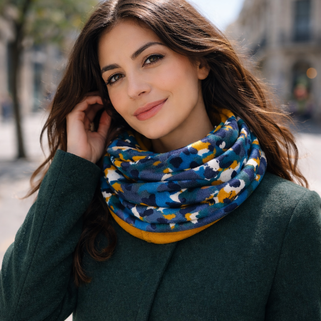 Bufanda Infinita Cuello Mujer Doble Tela Reversible · Camuflaje/Mostaza (últimas unidades!)