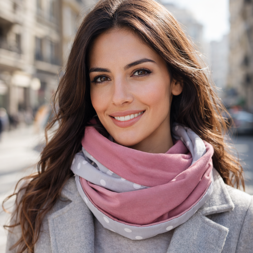 Bufanda Infinita Cuello Mujer Doble Tela Reversible · Lunares Gris/Rosa