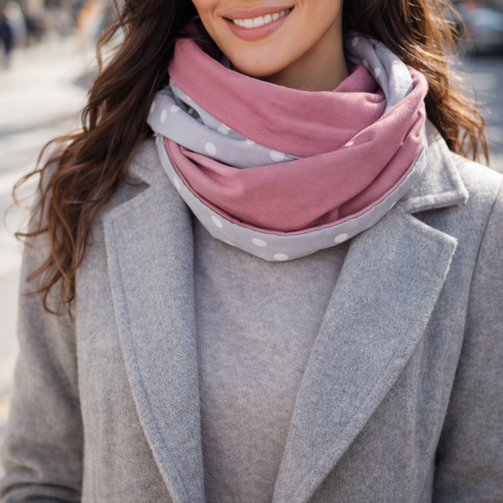 Bufanda Infinita Cuello Mujer Doble Tela Reversible · Lunares Gris/Rosa