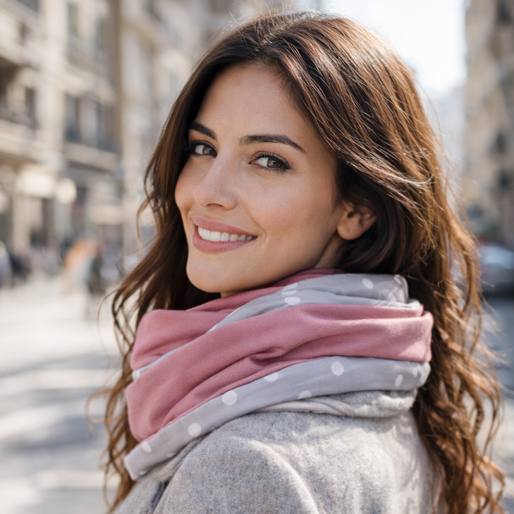 Bufanda Infinita Cuello Mujer Doble Tela Reversible · Lunares Gris/Rosa