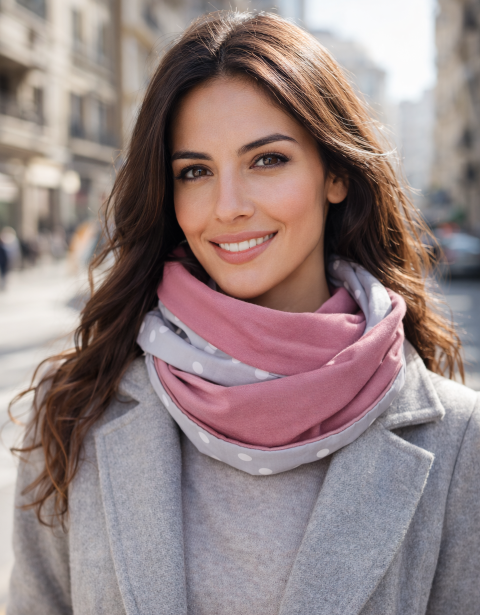 Bufanda Infinita Cuello Mujer Doble Tela Reversible · Lunares Gris/Rosa