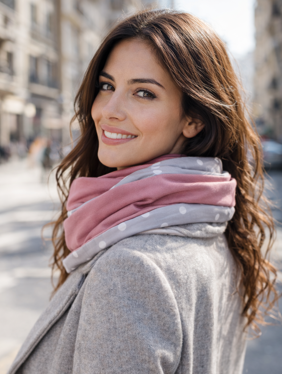 Bufanda Infinita Cuello Mujer Doble Tela Reversible · Lunares Gris/Rosa