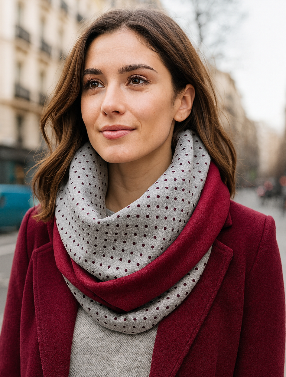 Bufanda Infinita Cuello Mujer Reversible · Lunares Gris/Burdeos
