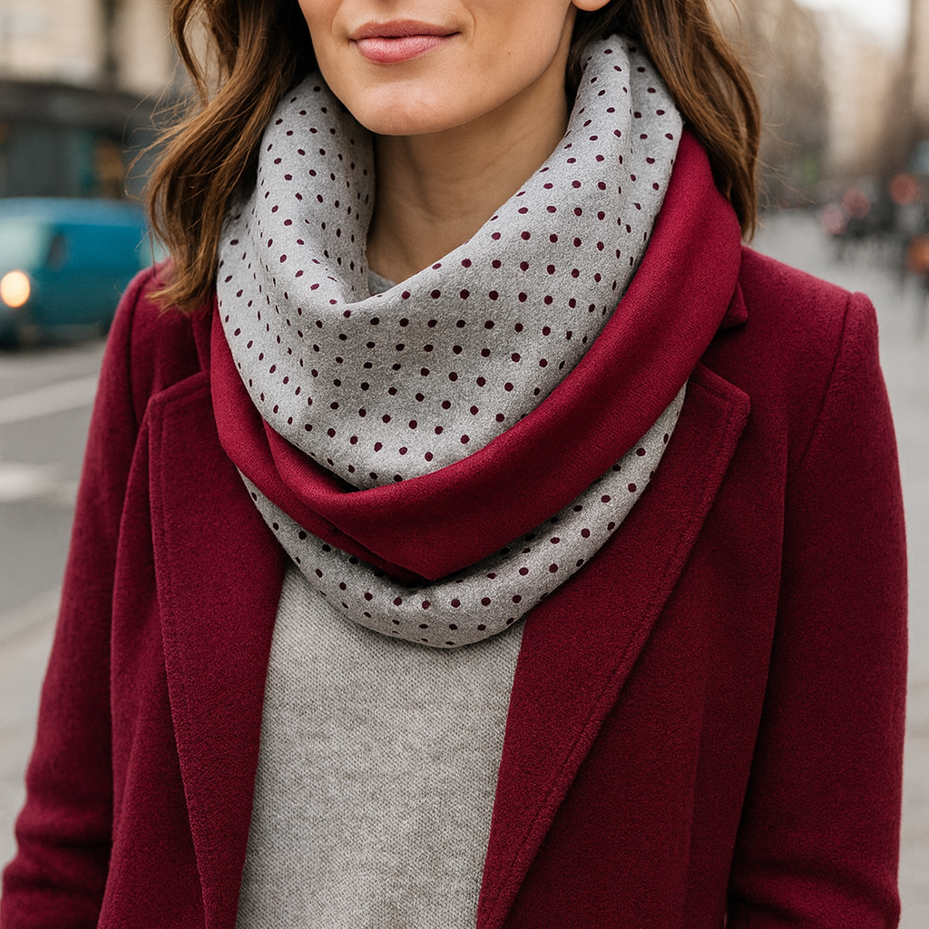 Bufanda Infinita Cuello Mujer Reversible · Lunares Gris/Burdeos