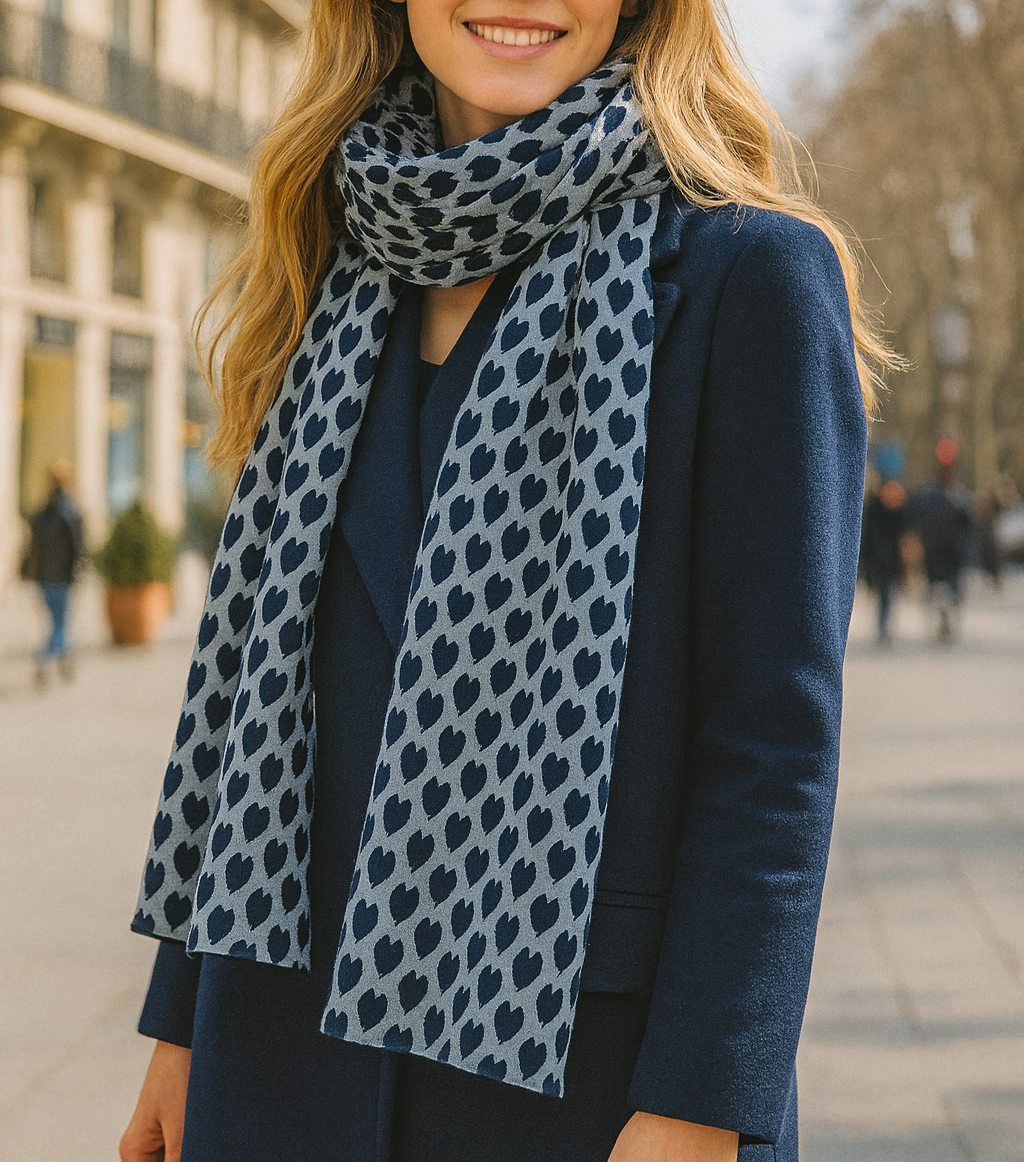 Bufanda Grande Reversible · Corazones Azul