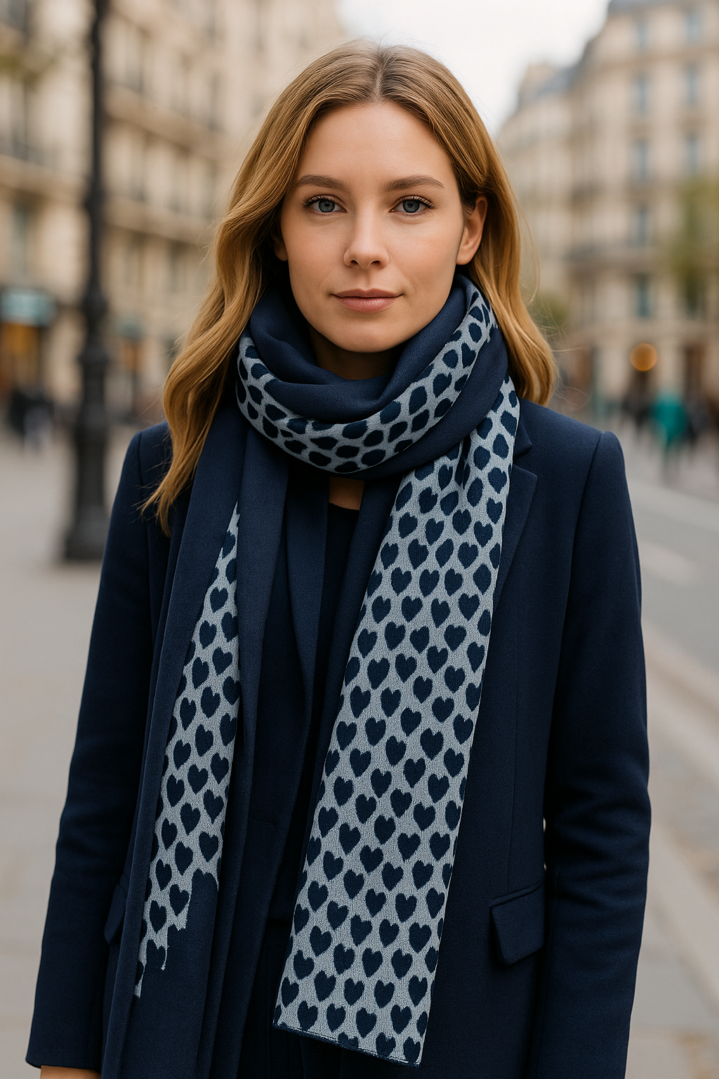 Bufanda Grande Reversible · Corazones Azul