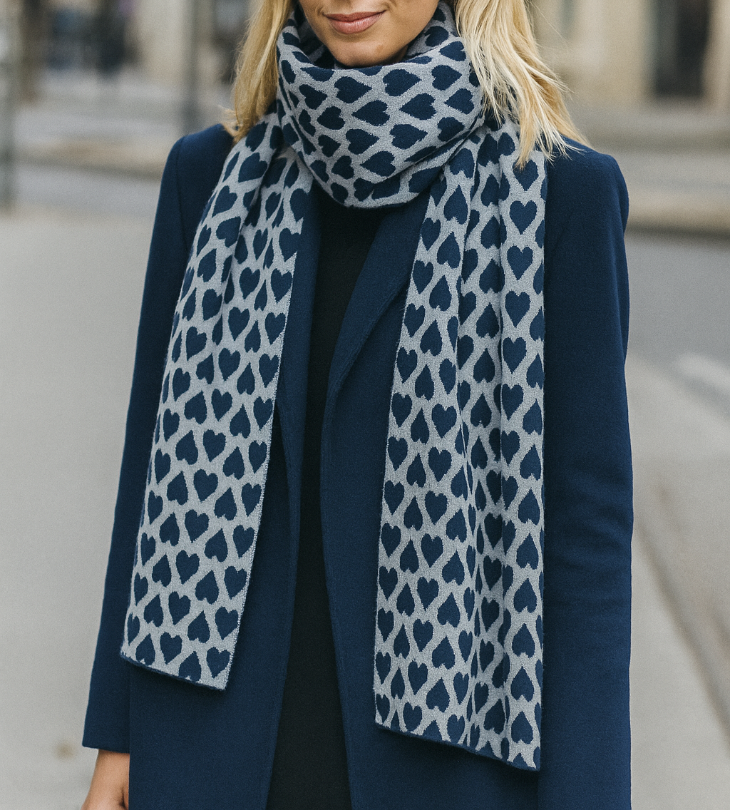 Bufanda Grande Reversible · Corazones Azul