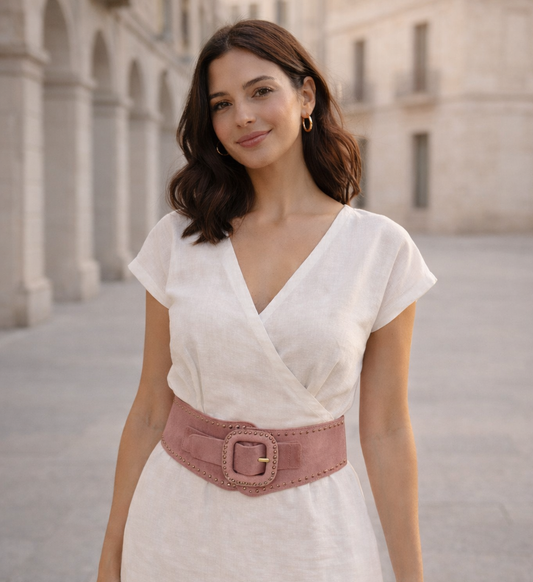 Cinturón de ante elástico Rosa viejo con tachuelas · Talla regulable S/M