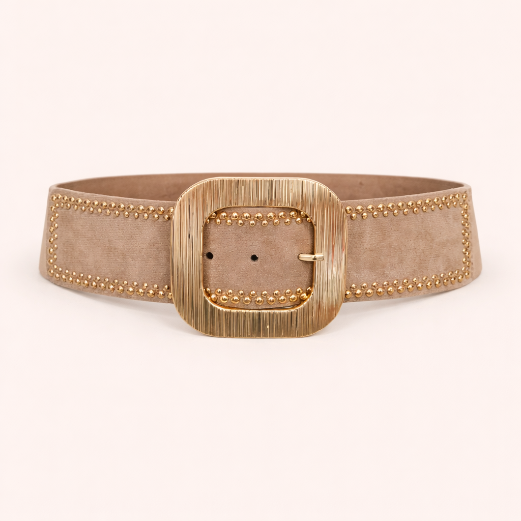 Ceinture élastique en daim beige avec grande boucle dorée | Taille ajustable ML