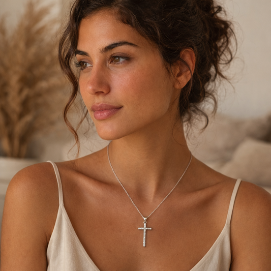 Gargantilla Plateada · Collar corto con Colgante de Cruz con Circonitas