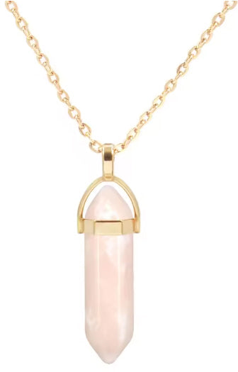 Péndulo Hexagonal de Piedra Semipreciosa Natural con Collar Corto Dorado · Cuarzo Rosa (últimas unidades!)