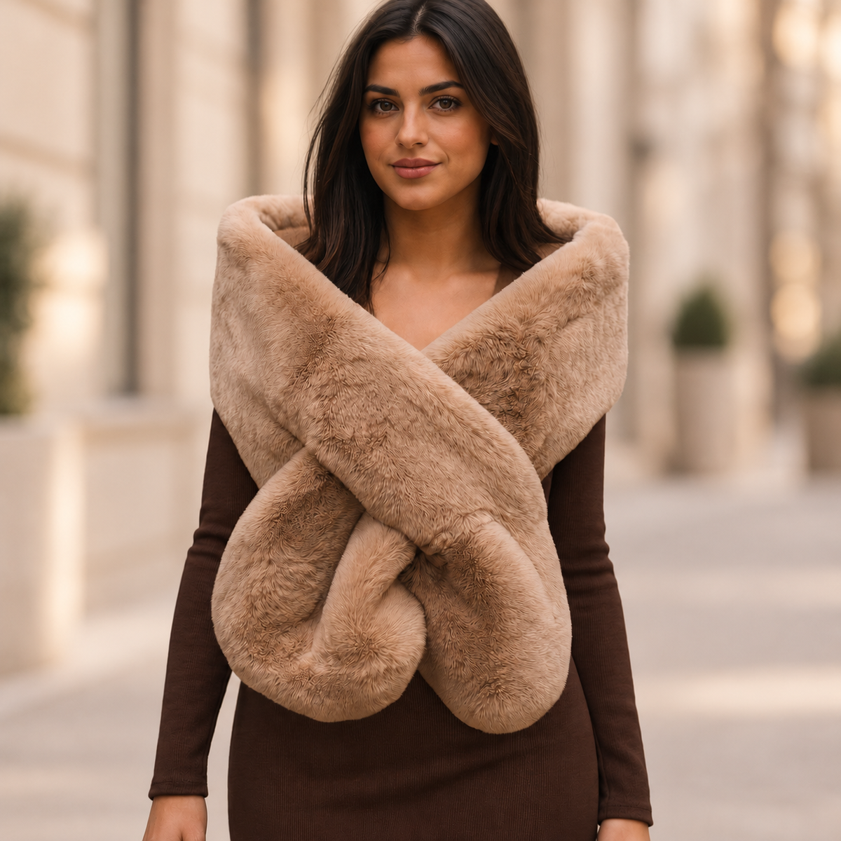 Estola de Pelo Sintético Grande · Camel 160x27cm (Talla S/M)