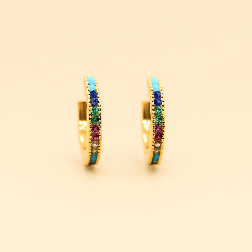 Pendientes Aro Dorado · Cristales Multicolor