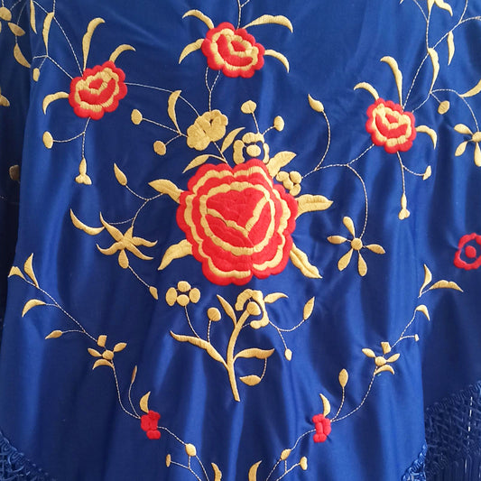 Mantón Flamenco Grande Bordado · Azul Rojo Dorado (175 x 85cm)