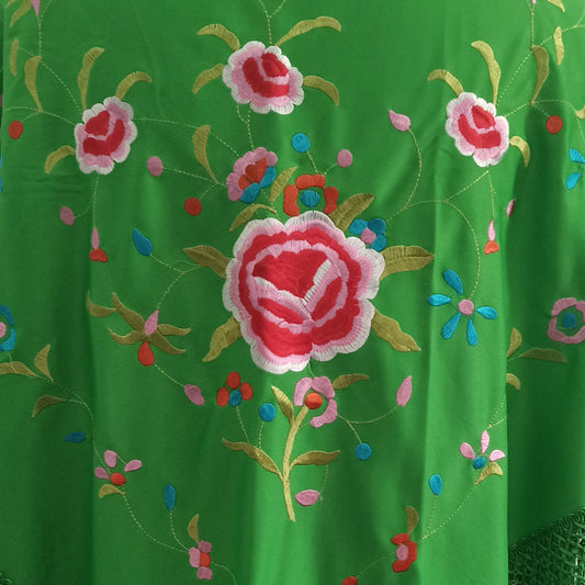 Großer bestickter Flamenco-Schal · Hellgrün mehrfarbig (160 x 85 cm)