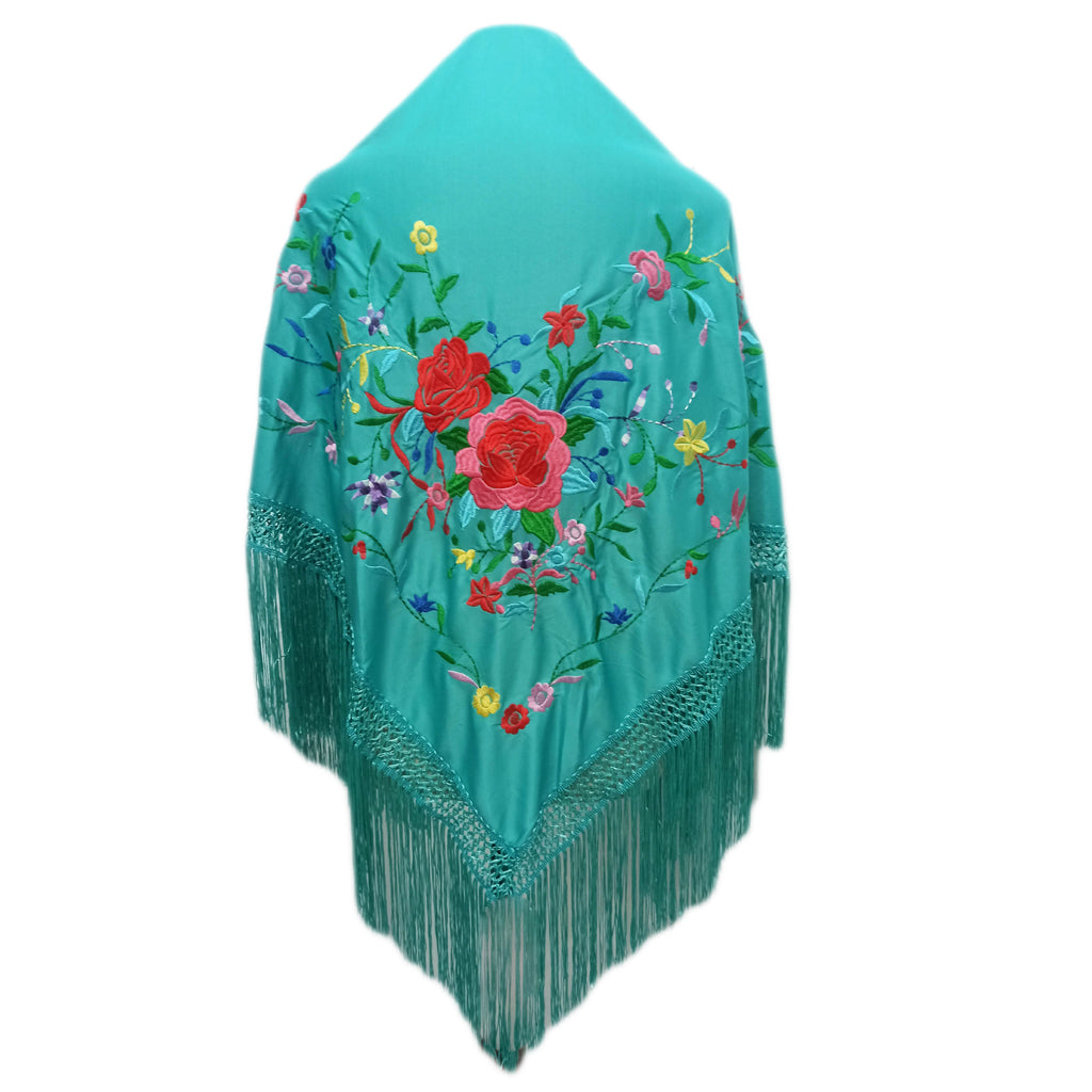 Mantón Flamenco Grande Bordado · Turquesa Multicolor XL (200 x 85cm)