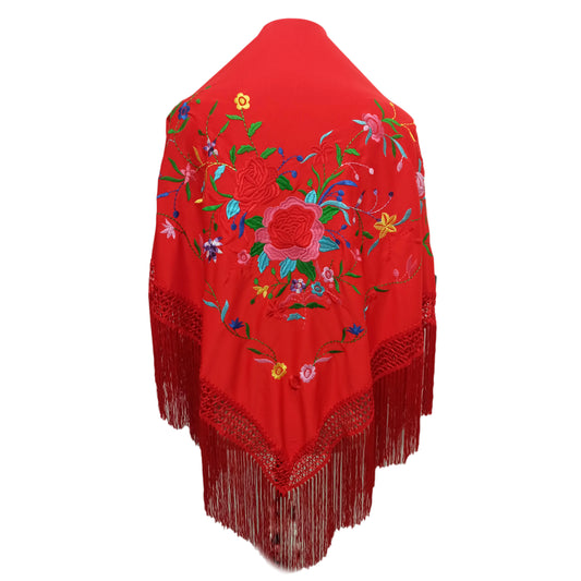 Mantón Flamenco Grande Bordado · Rojo Floral (175 x 85cm)