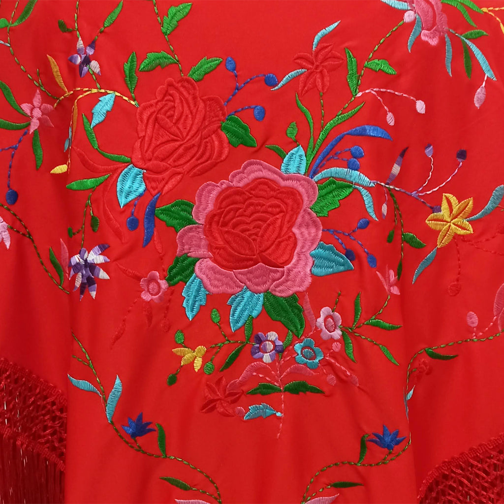 Mantón grande flamenco color rojo con bordado multicolor y flecos rojos -  MGRM-R426