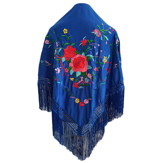 Mantón Flamenco Grande Bordado · Azul Multicolor Floral (175 x 85cm)
