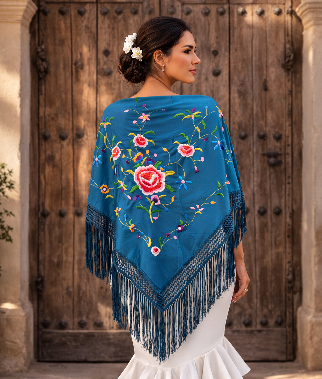 Mantón Flamenco Grande Bordado · Gran Flor Azul Petrol (160 x 85 cm)