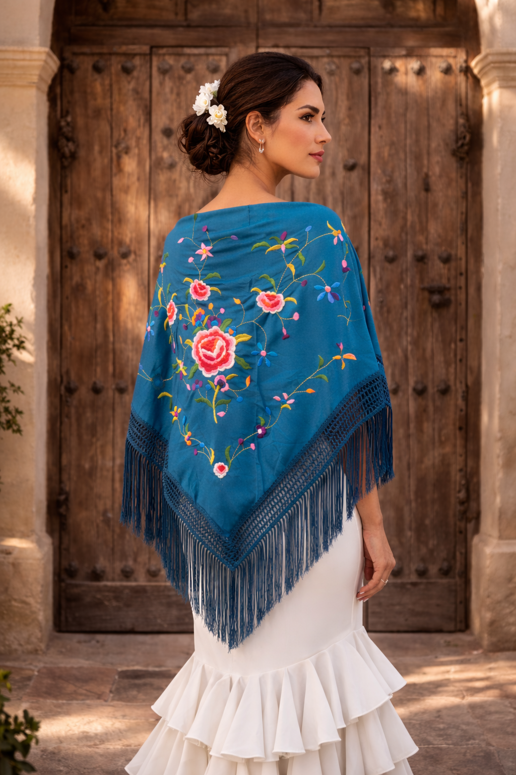 Mantón Flamenco Grande Bordado · Gran Flor Azul Petrol (160 x 85 cm)