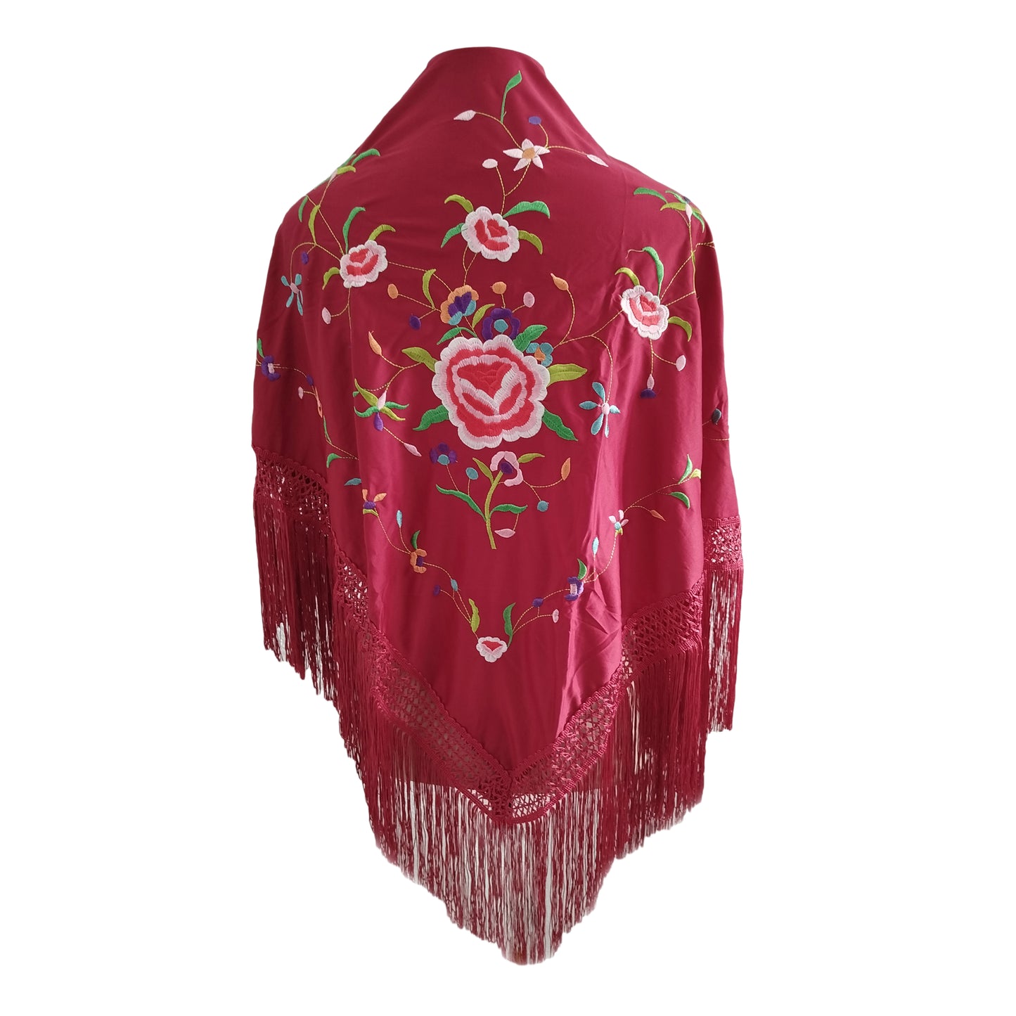 Mantón Flamenco Grande Bordado · Burdeos Multicolor Gran Flor (160 x 85cm)