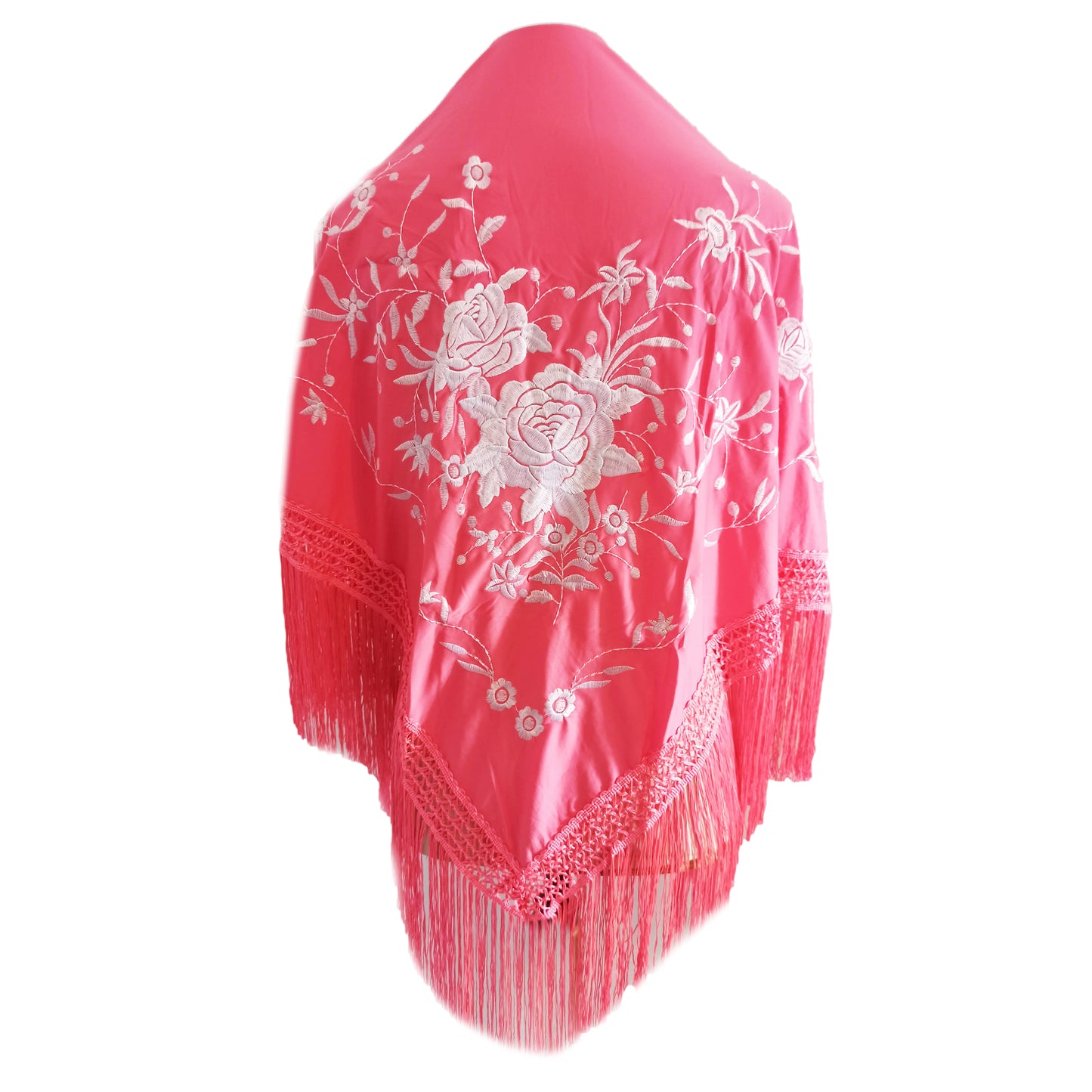 Mantón Flamenco Grande Bordado · Coral Blanco Floral (160 x 85cm)