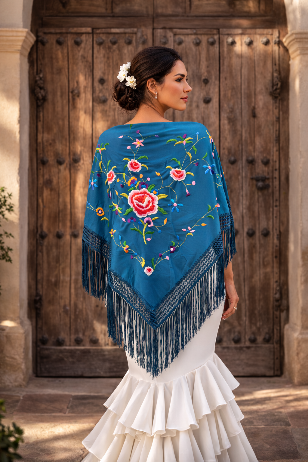 Mantón Flamenco Grande Bordado · Gran Flor Azul Petrol (160 x 85 cm)