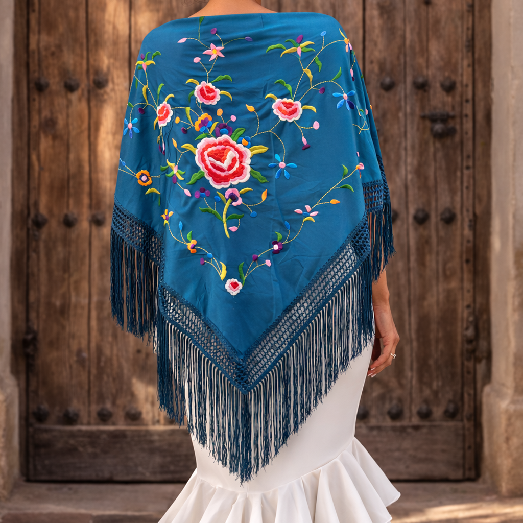 Mantón Flamenco Grande Bordado · Gran Flor Azul Petrol (160 x 85 cm)