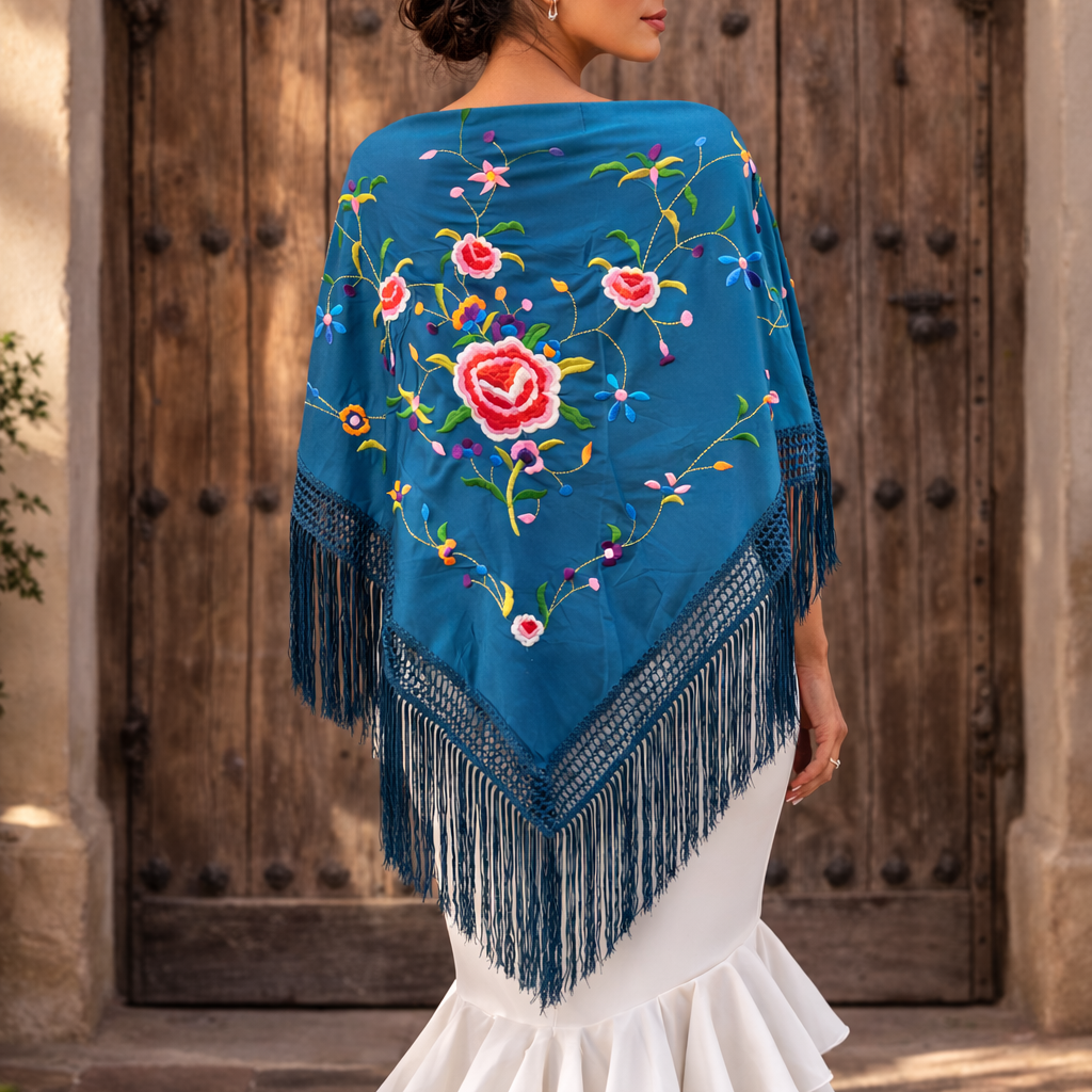Mantón Flamenco Grande Bordado · Gran Flor Azul Petrol (160 x 85 cm)
