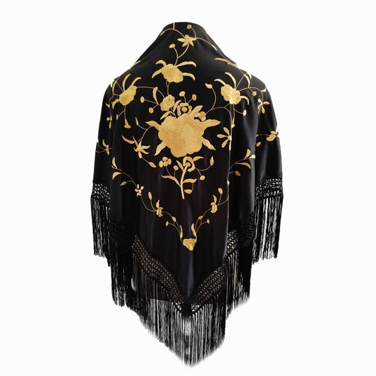 Mantón Flamenco Grande Bordado · Negro Dorado (160 x 85cm)