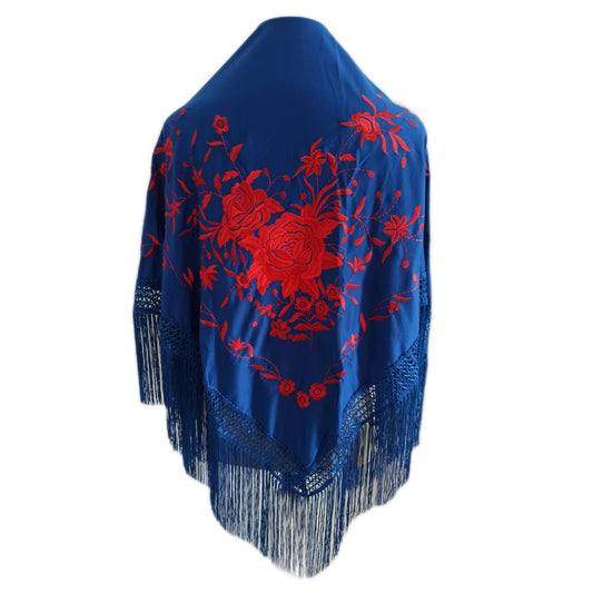 Mantón Flamenco Grande Bordado · Azul Rojo Floral (160 x 85cm)