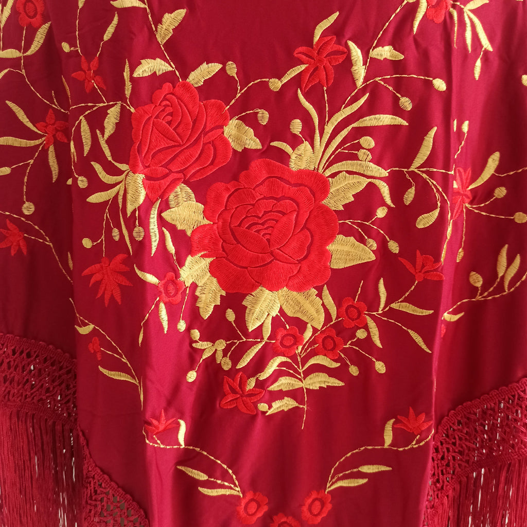 Mantón Flamenco Grande Bordado · Burdeos Rojo Oro Floral (160 x 85cm)