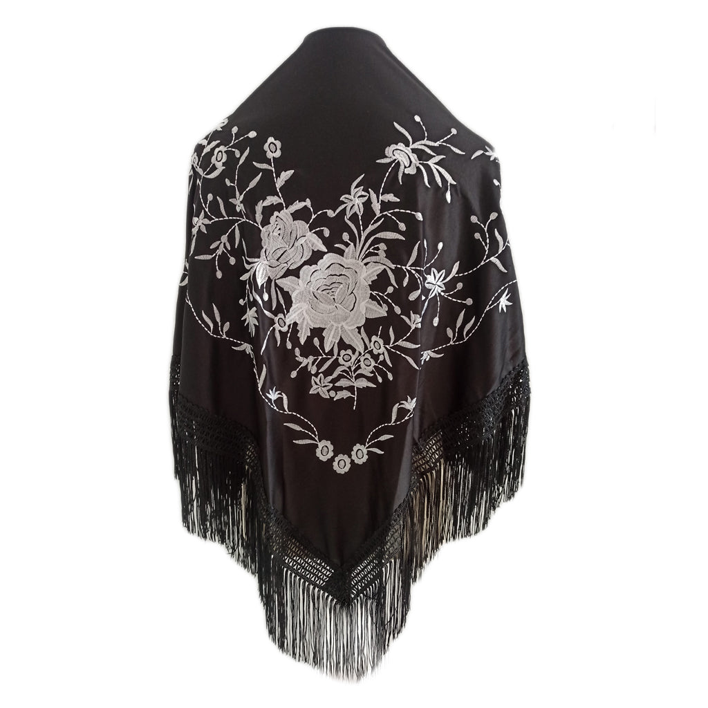 Mantón Flamenco Grande Bordado · Negro Blanco Floral (160 x 85cm)