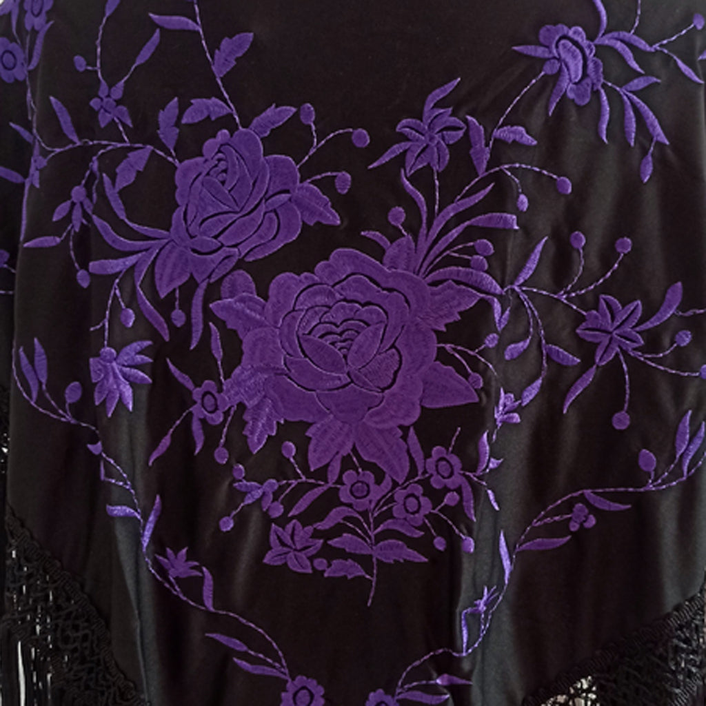 Mantón Flamenco Grande Bordado · Negro Morado Floral (160 x 85cm)