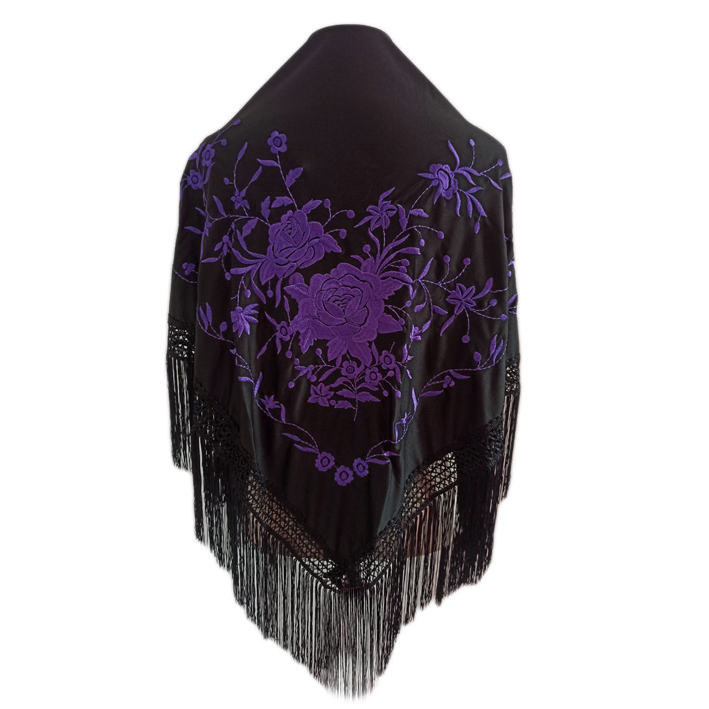 Mantón Flamenco Grande Bordado · Negro Morado Floral (160 x 85cm)