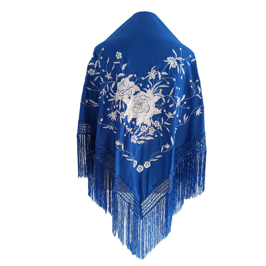 Mantón Flamenco Grande Bordado · Azul Blanco (160 x 85cm)