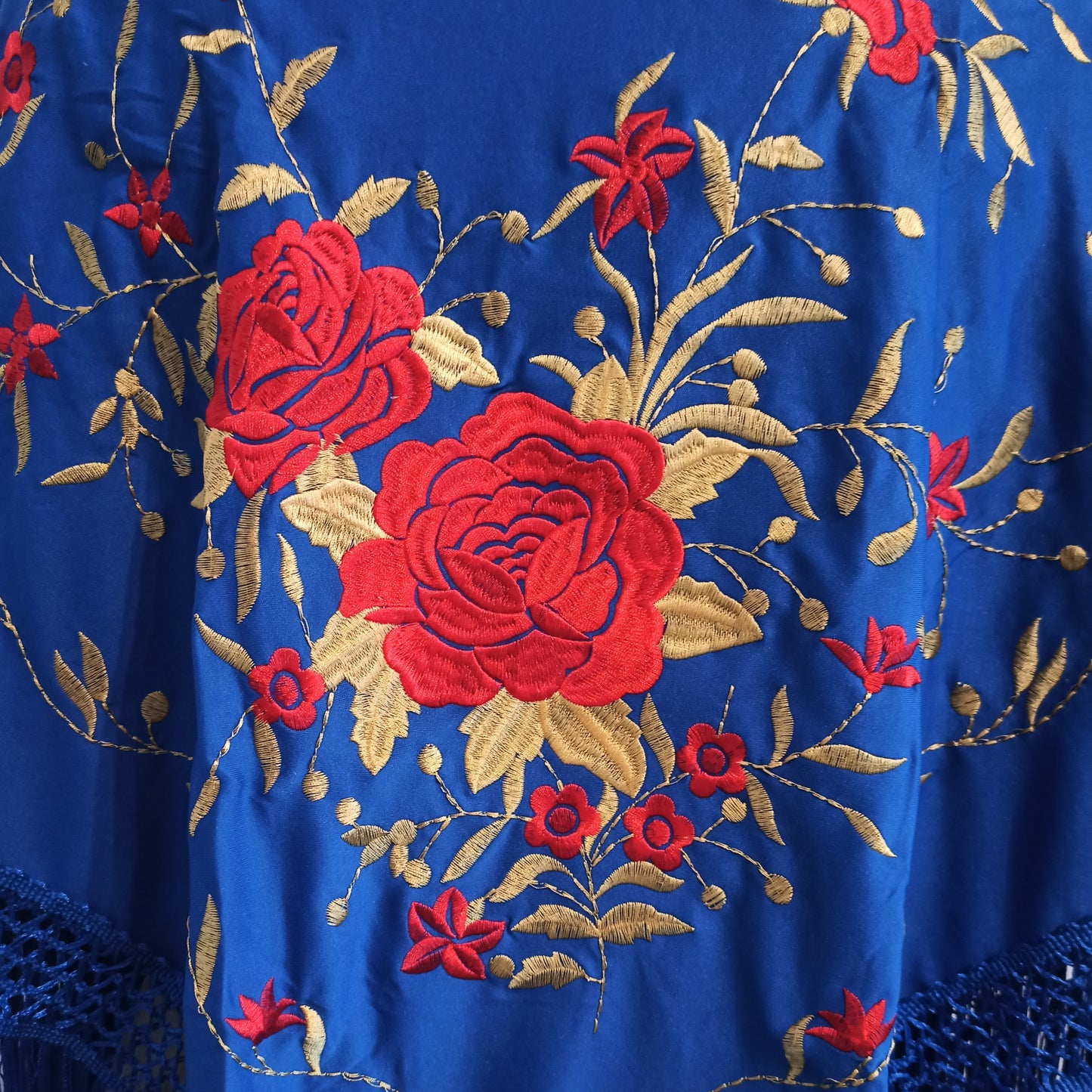 Mantón Flamenco Grande Bordado · Azul Rojo Dorado Floral (160 x 85cm)