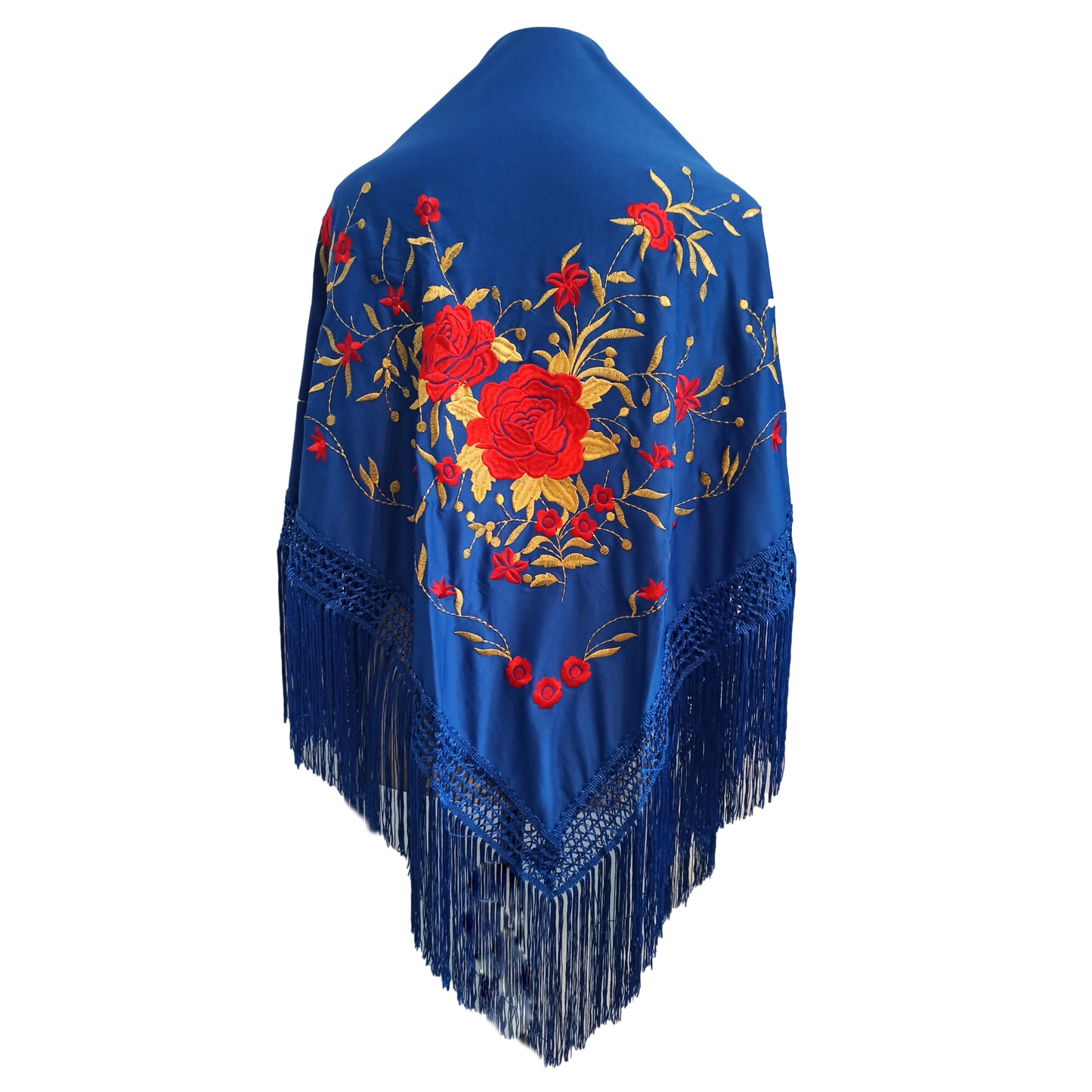 Mantón Flamenco Grande Bordado · Azul Rojo Dorado Floral (160 x 85cm)