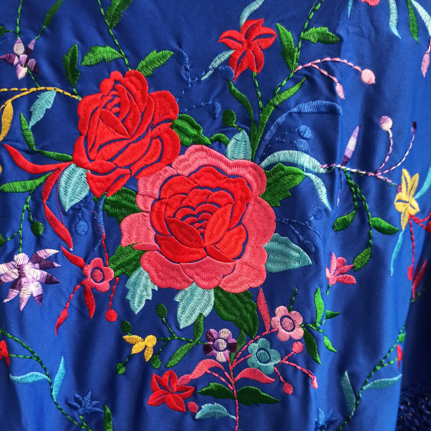 Mantón Flamenco Grande Bordado · Azul Multicolor Floral (160 x 85cm)