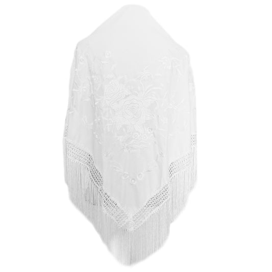 Mantón Flamenco Grande Bordado · Blanco Bordado Blanco Floral (160 x 85cm)