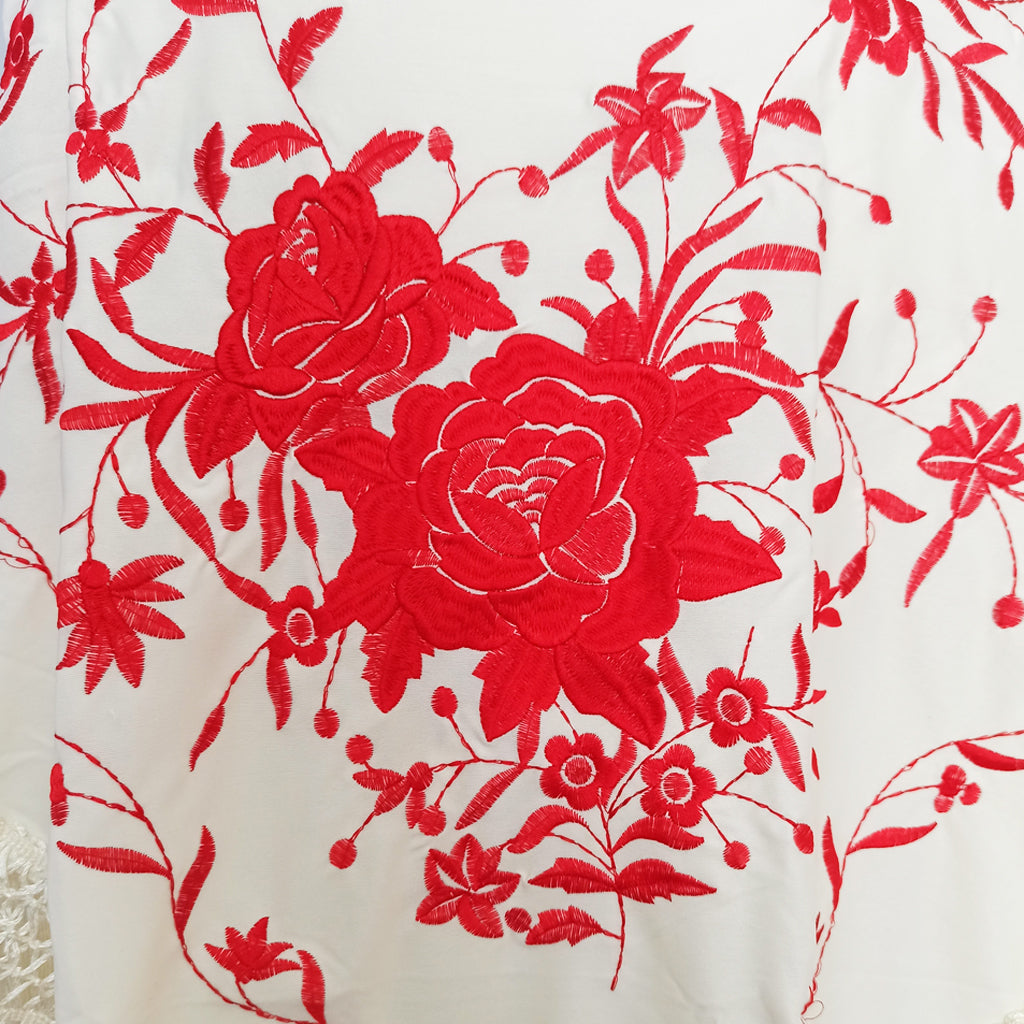 Mantón Flamenco Grande Bordado · Marfil Rojo Floral (160 x 85cm)