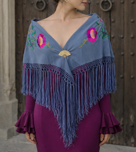 Mantón Flamenco Bordado Premium · Azul Grisáceo Multicolor (133 x 50 cm)