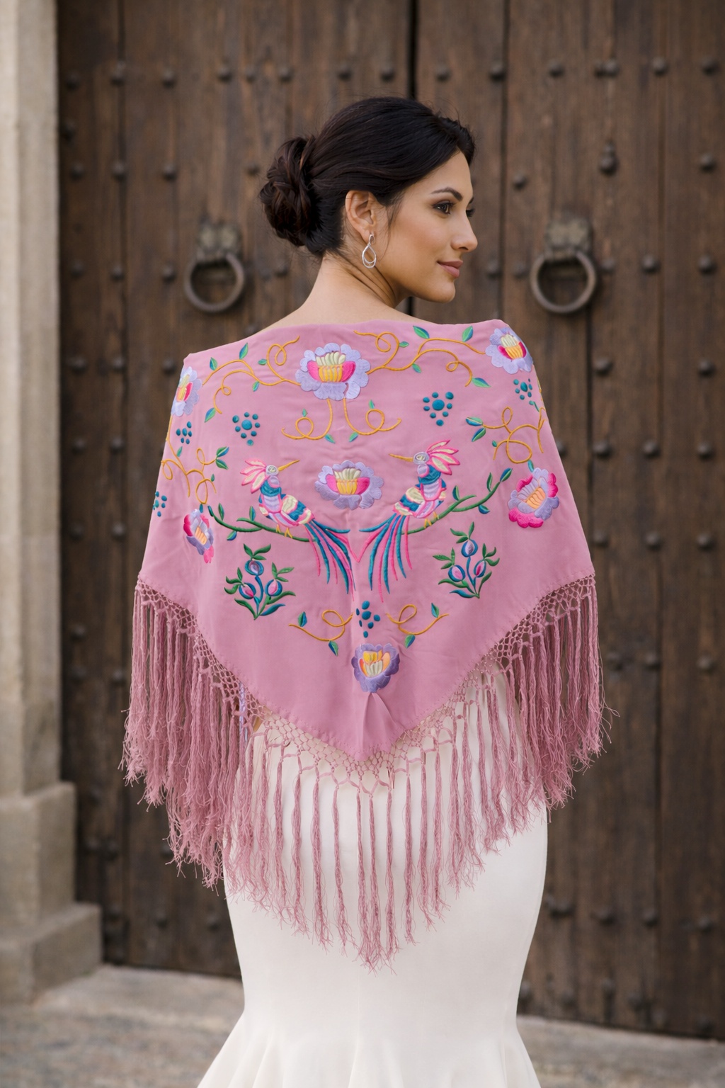 Großer, bestickter Flamenco-Schal · Seifengrün, mehrfarbig, große Blume (160 x 85 cm)